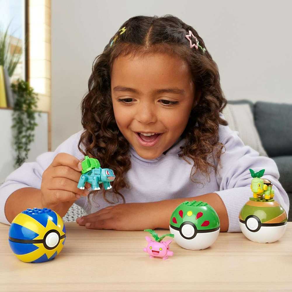 Mega Pokemon blokai 118 vnt rinkinys 4 žolės Pokemon + 4 Pokeballs HWR77
