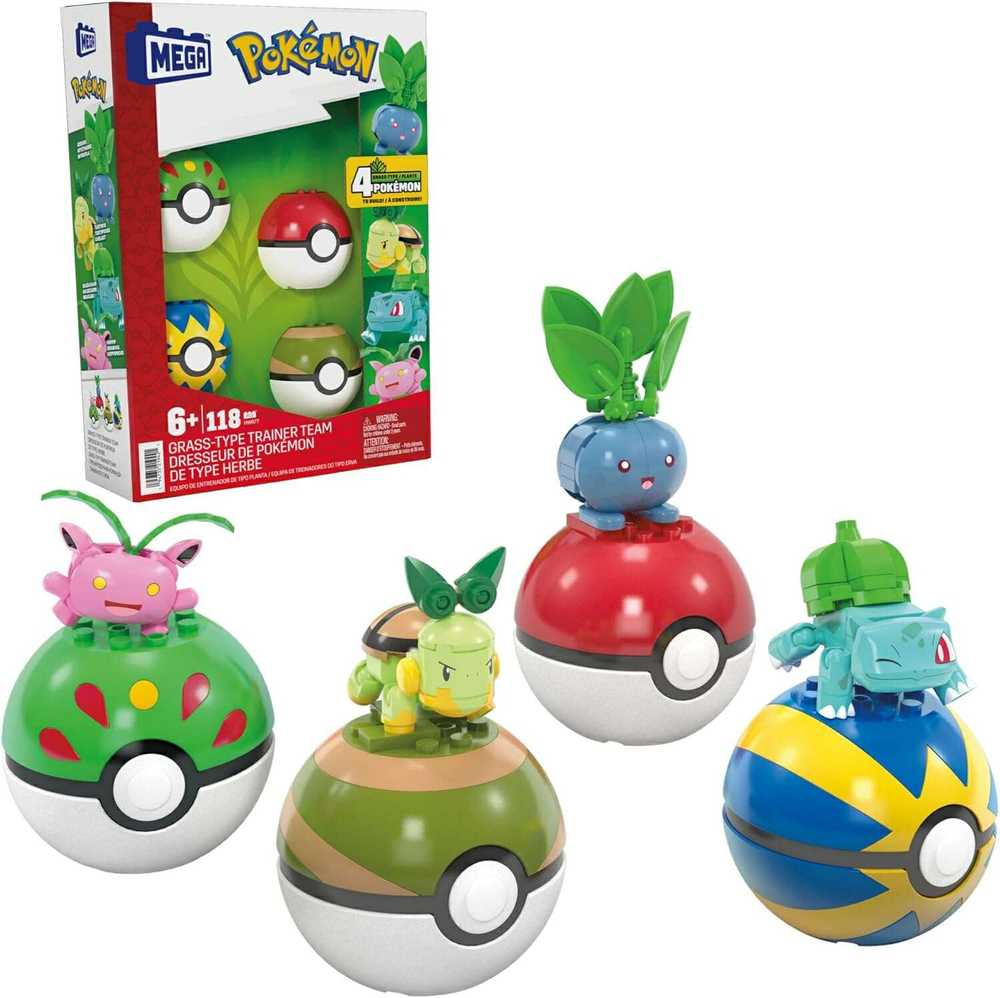 Mega Pokemon blokai 118 vnt rinkinys 4 žolės Pokemon + 4 Pokeballs HWR77