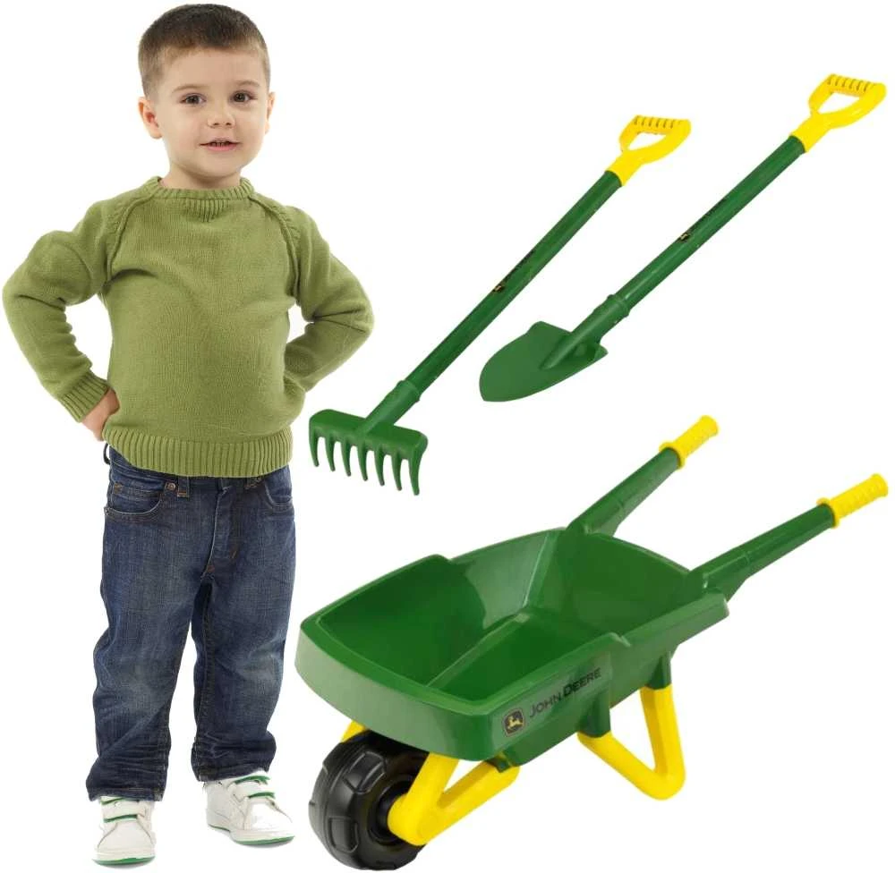 Little Gardener's Rinkinys John Deere Vaikiškas karutis smėliui + žalia sodo įrankiai Kastuvas Rake Klein