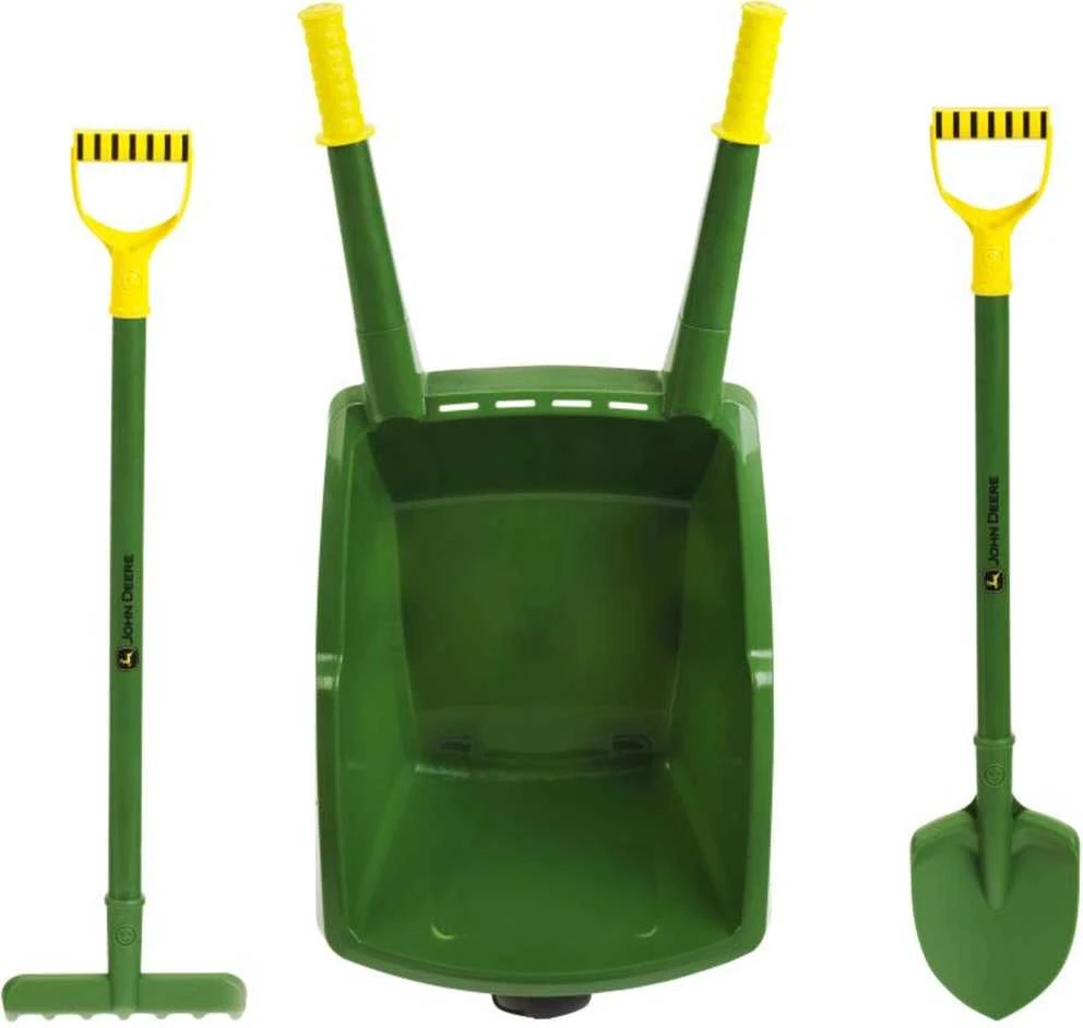 Little Gardener's Rinkinys John Deere Vaikiškas karutis smėliui + žalia sodo įrankiai Kastuvas Rake Klein