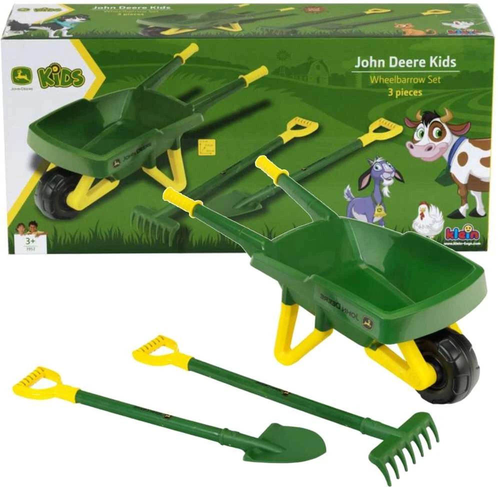 Little Gardener's Rinkinys John Deere Vaikiškas karutis smėliui + žalia sodo įrankiai Kastuvas Rake Klein