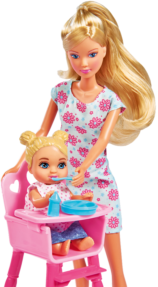 Simba Steffi Love Mama Doll vaiko kambaryje, kuriame yra 3 vaikai 28 elementai.