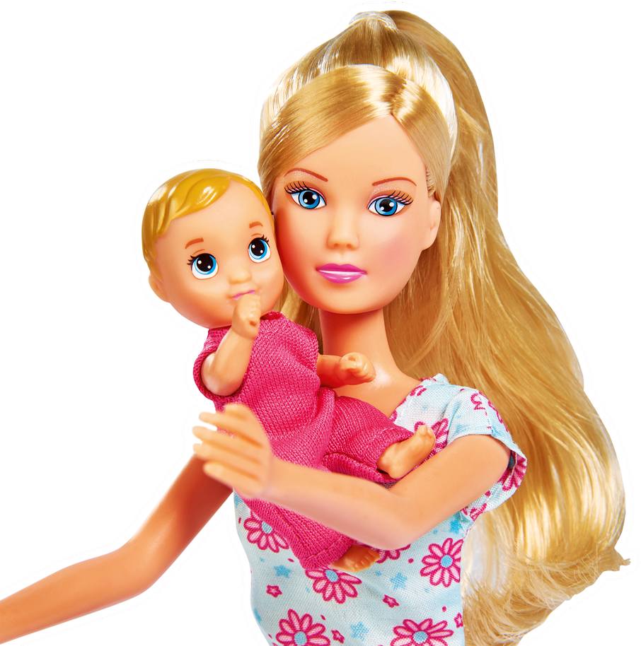 Simba Steffi Love Mama Doll vaiko kambaryje, kuriame yra 3 vaikai 28 elementai.