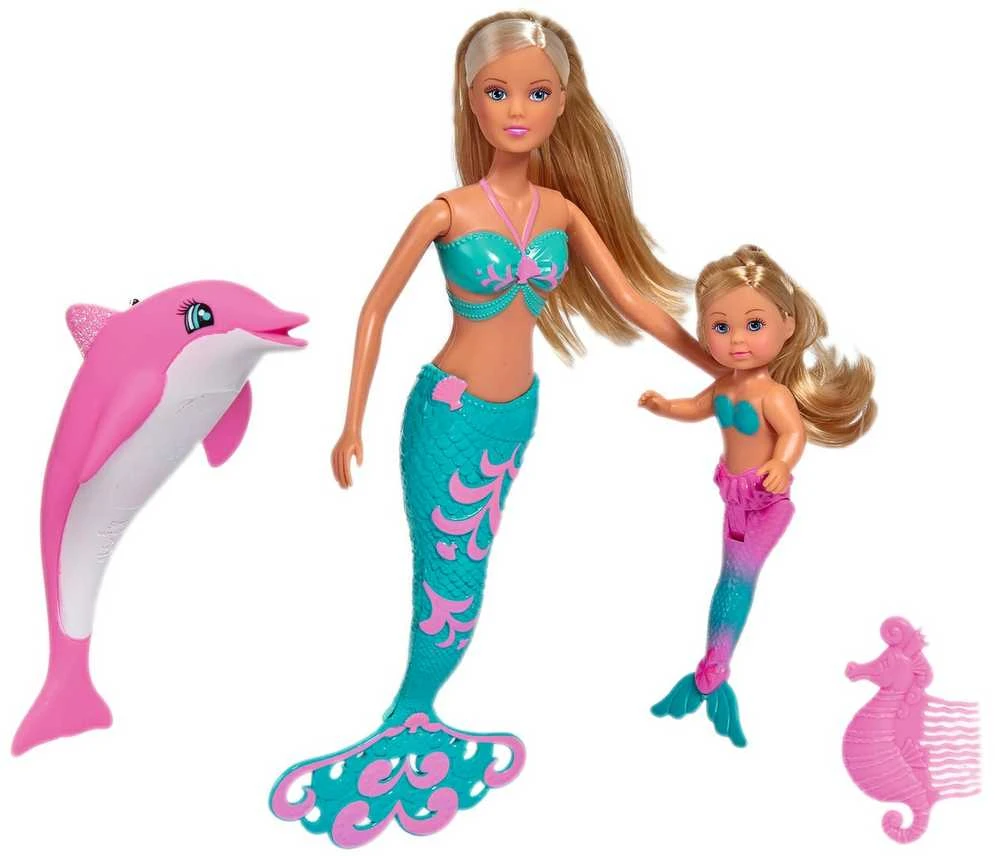 Simba Rinkinys Steffi i Evi syrenki 2 lalki Mermaid Friends + delfin i grzebień