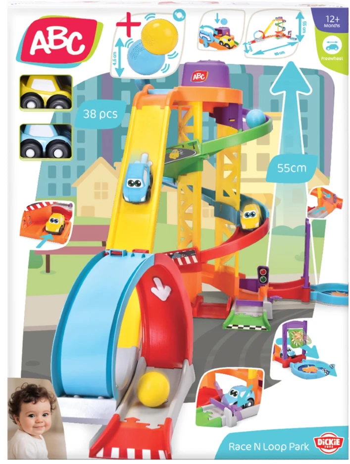 Trako rinkinys automobiliams ABC + 2 transporto priemonės Race N Loop Park