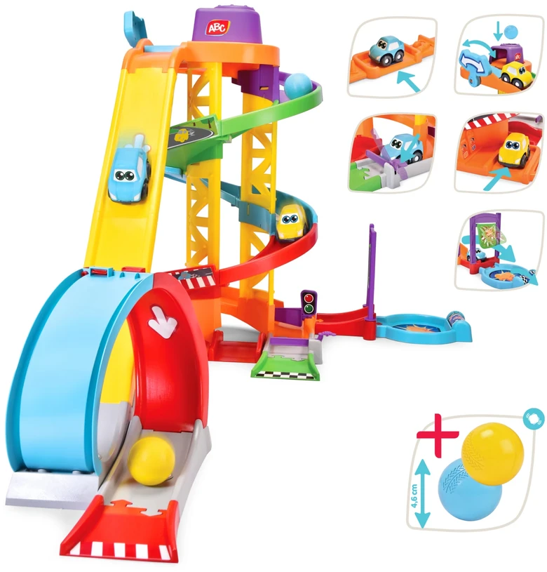 Trako rinkinys automobiliams ABC + 2 transporto priemonės Race N Loop Park