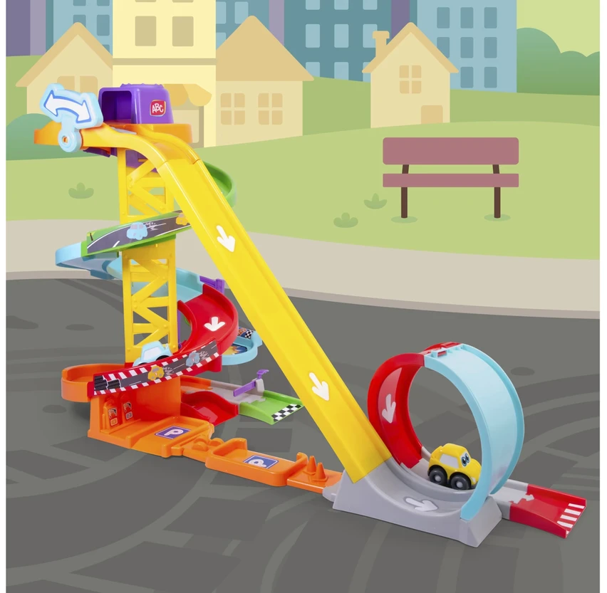 Trako rinkinys automobiliams ABC + 2 transporto priemonės Race N Loop Park