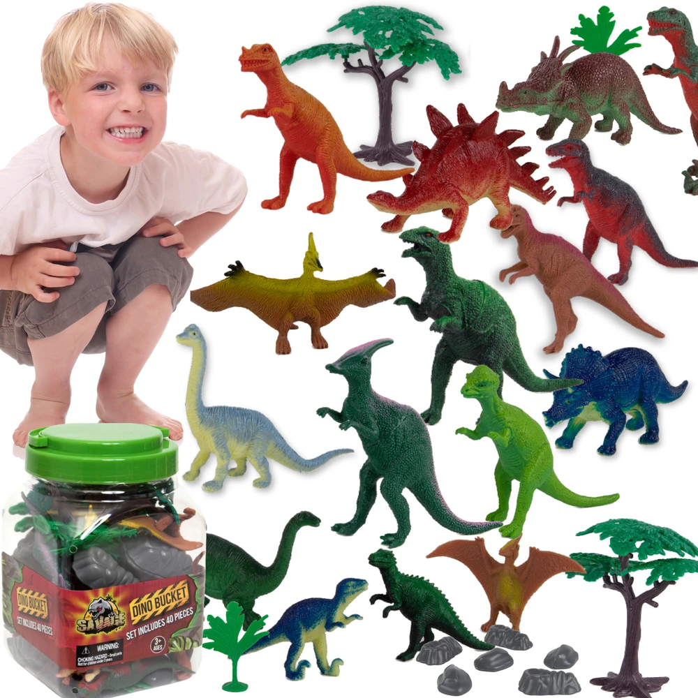 Dinozaurai Figūrėlės Didelės Rinkinys Indelyje + Priedai 40 Vnt 5-13 cm Boley