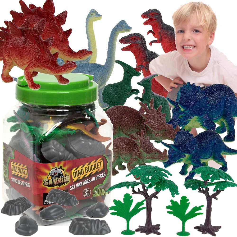 Dinozaurai Figūrėlės Didelės Rinkinys Indelyje + Priedai 40 Vnt 5-13 cm Boley