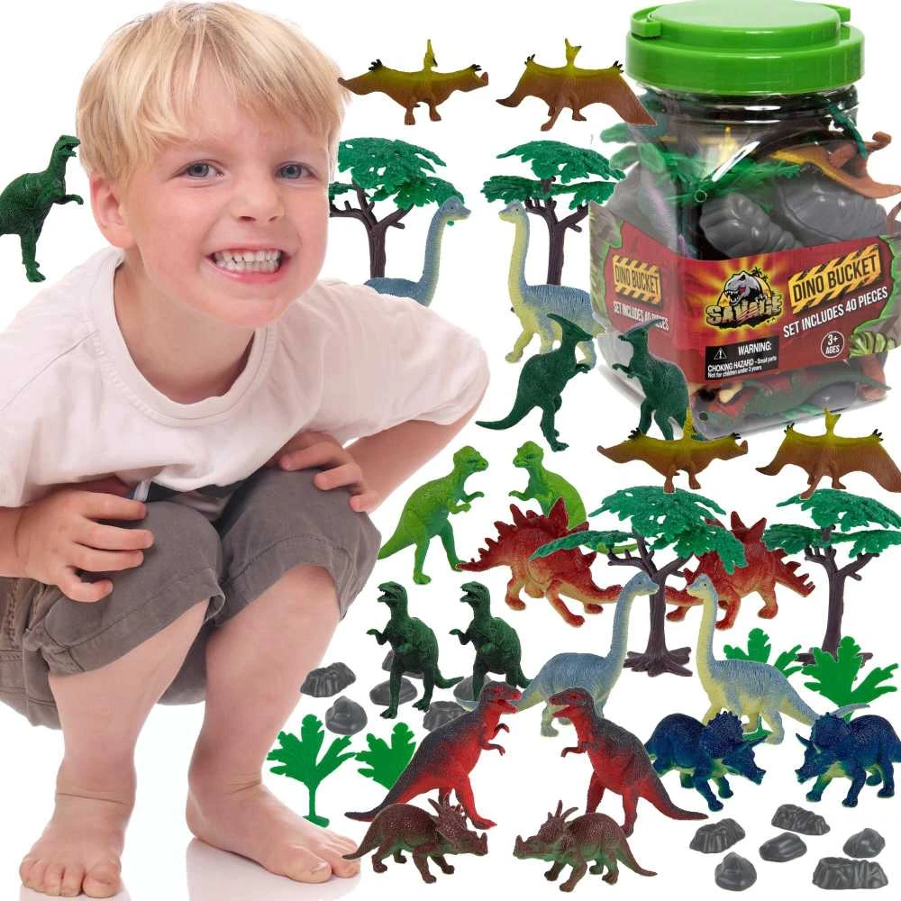 Dinozaurai Figūrėlės Didelės Rinkinys Indelyje + Priedai 40 Vnt 5-13 cm Boley