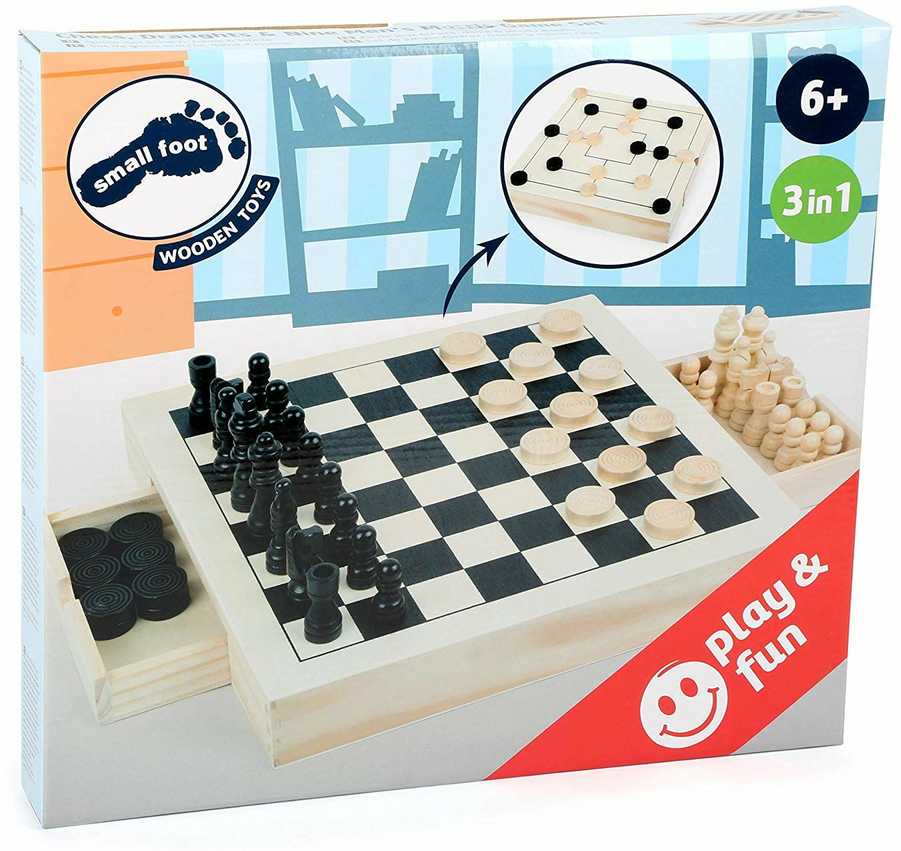 Small Foot Stalo žaidimų rinkinys 3 IN 1 (Draughts, Nine Men´s Morris, Šachmatai)