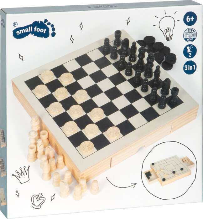 Small Foot Stalo žaidimų rinkinys 3 IN 1 (Draughts, Nine Men´s Morris, Šachmatai)