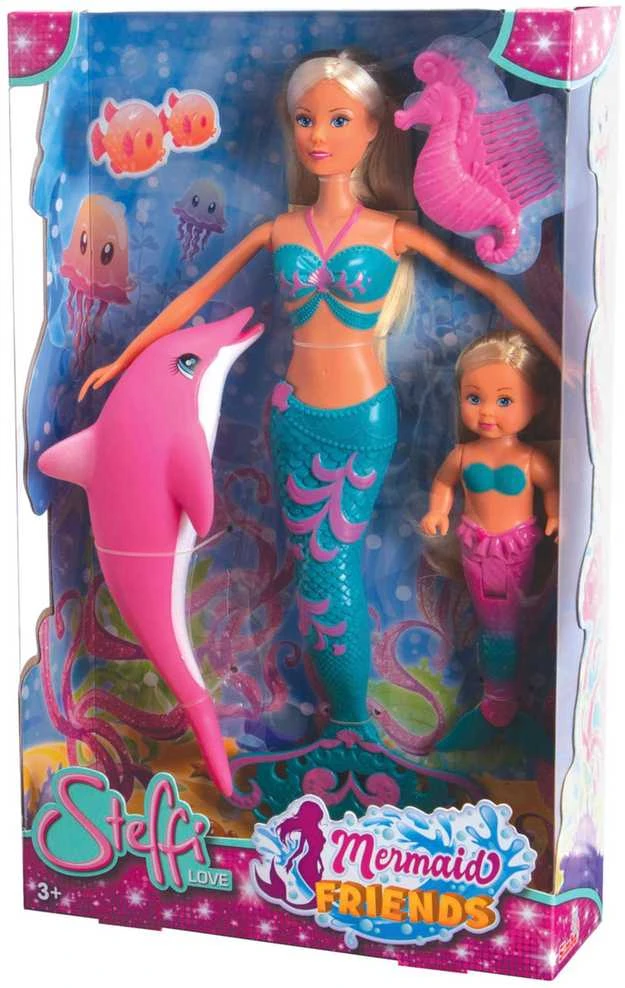 Simba Rinkinys Steffi i Evi syrenki 2 lalki Mermaid Friends + delfin i grzebień