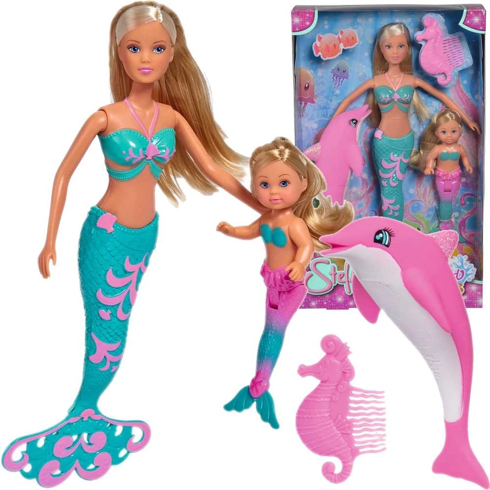 Simba Rinkinys Steffi i Evi syrenki 2 lalki Mermaid Friends + delfin i grzebień