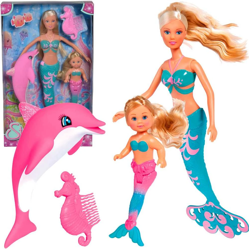 Simba Rinkinys Steffi i Evi syrenki 2 lalki Mermaid Friends + delfin i grzebień