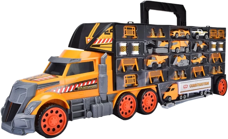 SIMBA Sunkvežimis Transporter Lagaminas mažiesiems automobiliams Platforma statybinės mašinos 62 cm + automobiliai ir kelių aksesuarai