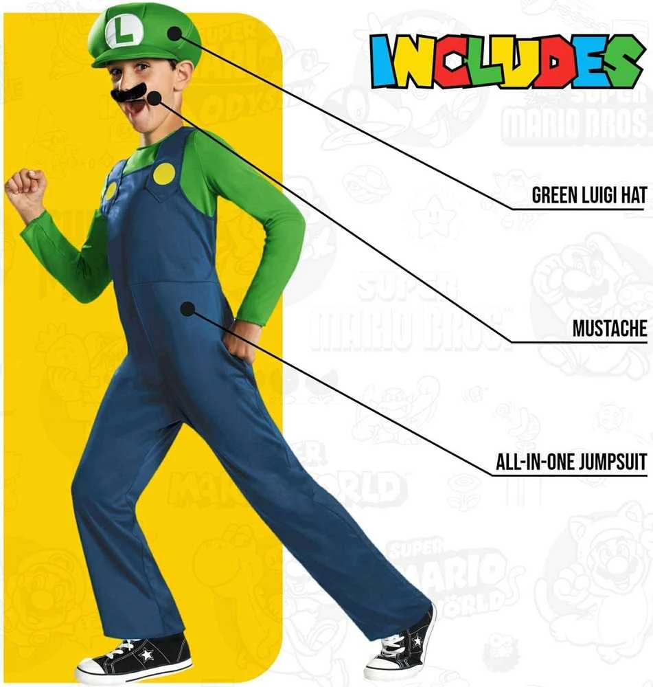 Super Mario karnavalinis kostiumas berniukui, Luigi kostiumas, maskuotė 137-149 cm (10-12 metų)