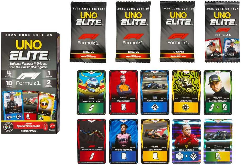 Kortos Mattel UNO Elita Formula 1 2025 Core Edition JLV42 (pradinis rinkinys)