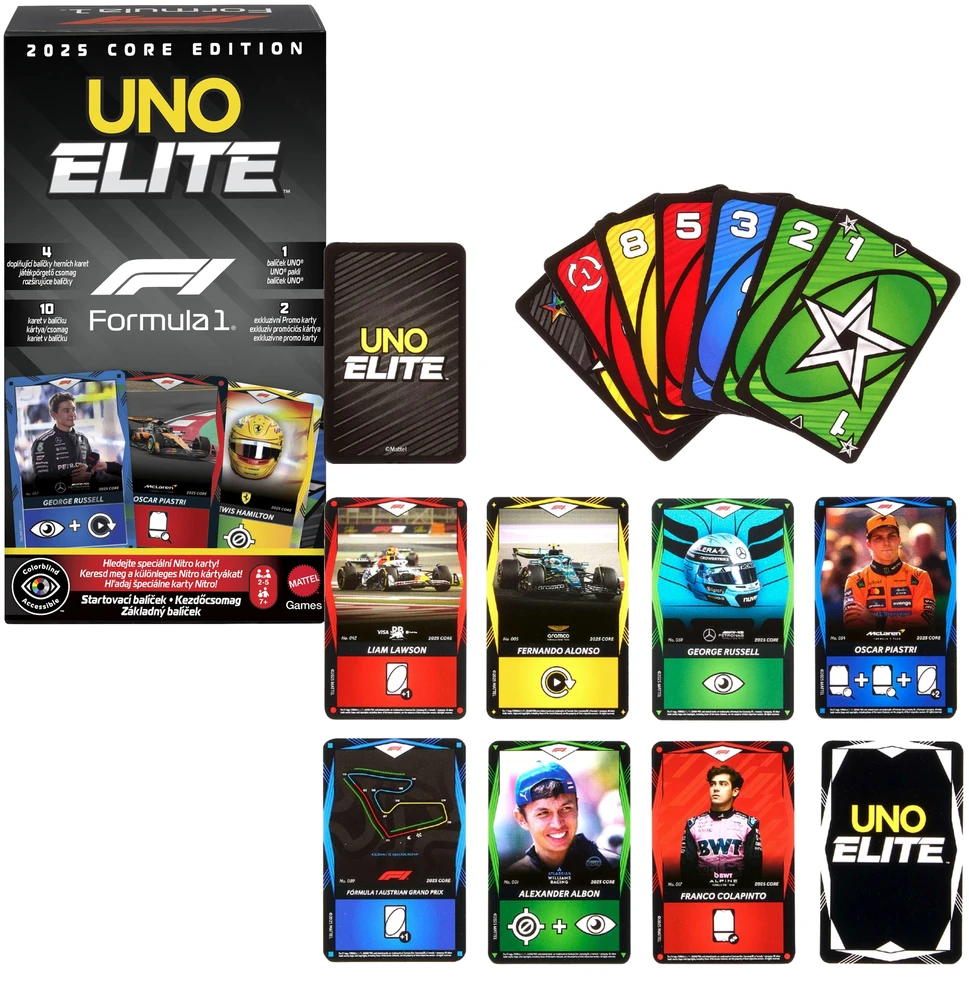 Kortos Mattel UNO Elita Formula 1 2025 Core Edition JLV42 (pradinis rinkinys)