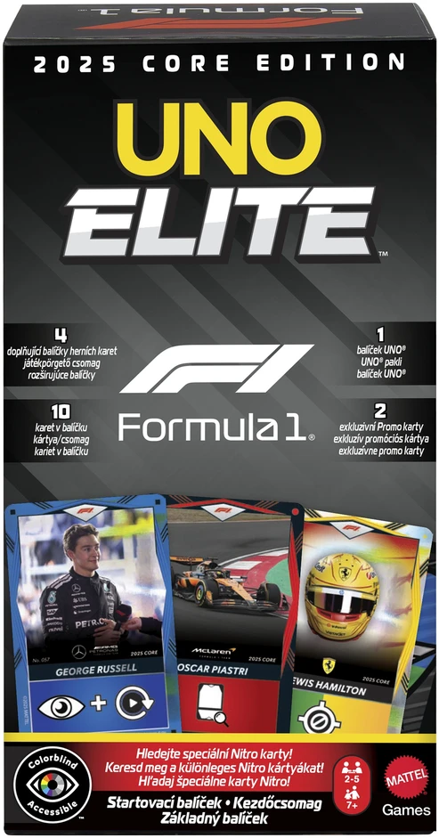 Kortos Mattel UNO Elita Formula 1 2025 Core Edition JLV42 (pradinis rinkinys)