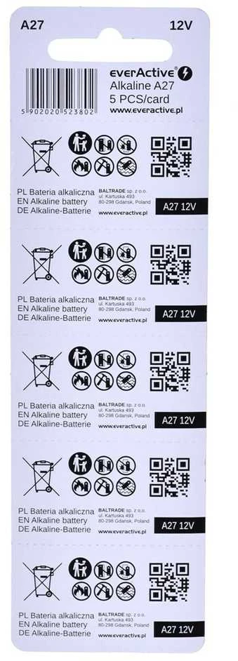 5 x šarminės baterijos „everActive 27A 12V“ – blisterinėje pakuotėje, 5 vnt.