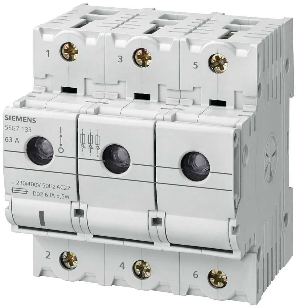 „Siemens“ saugiklių jungiklio skyriklis su pagrindu, skirtas 63A 3P D02 (5SG7133)