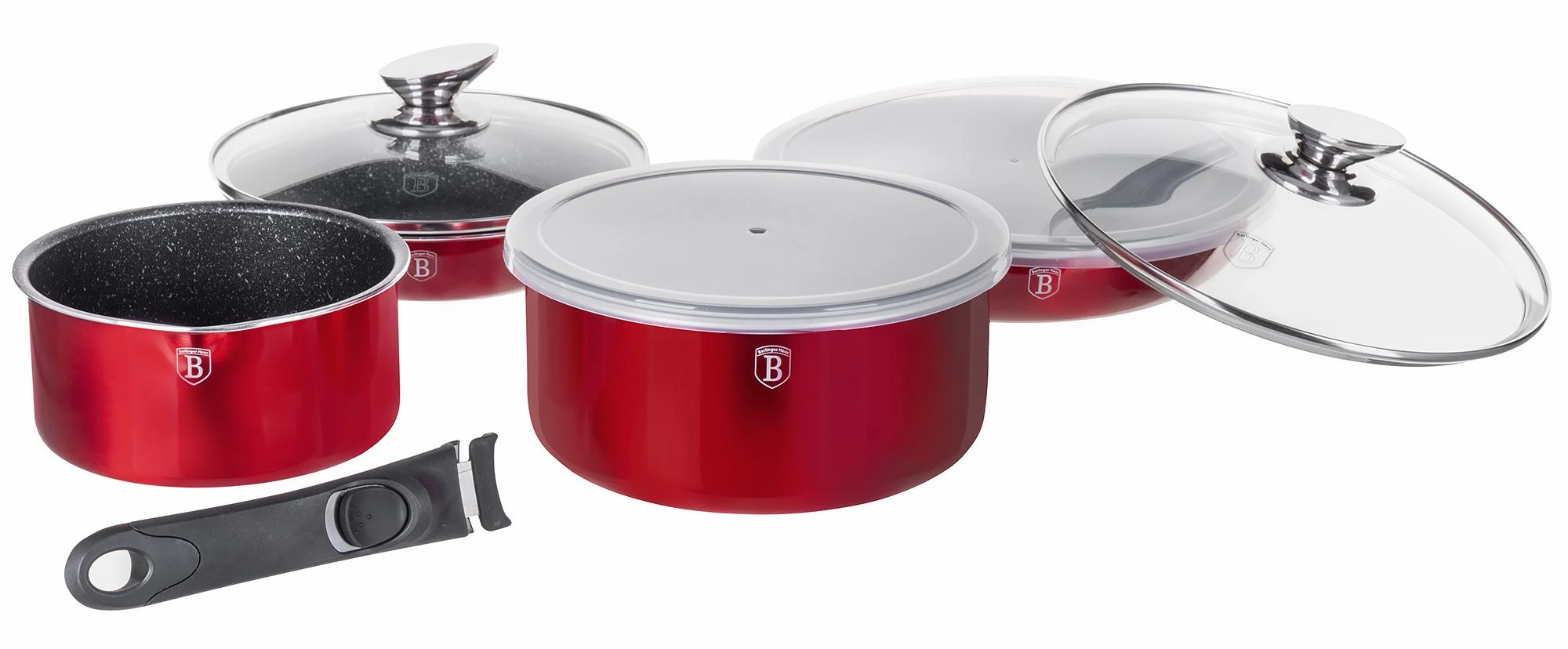 9 DALIES PUODŲ RINKINYS. CLICK & COOK BERLINGER HAUS METALLIC LINE BURGUNDY BH-6145