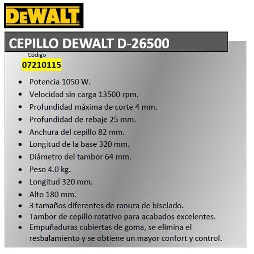 DeWalt Elektrinis oblius D26500 1050W 82 mm