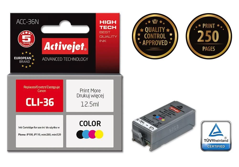 Rašalo kasetė - Activejet ACC-36N suderinama su Canon CLI-36, 12.5 ml, spalvota