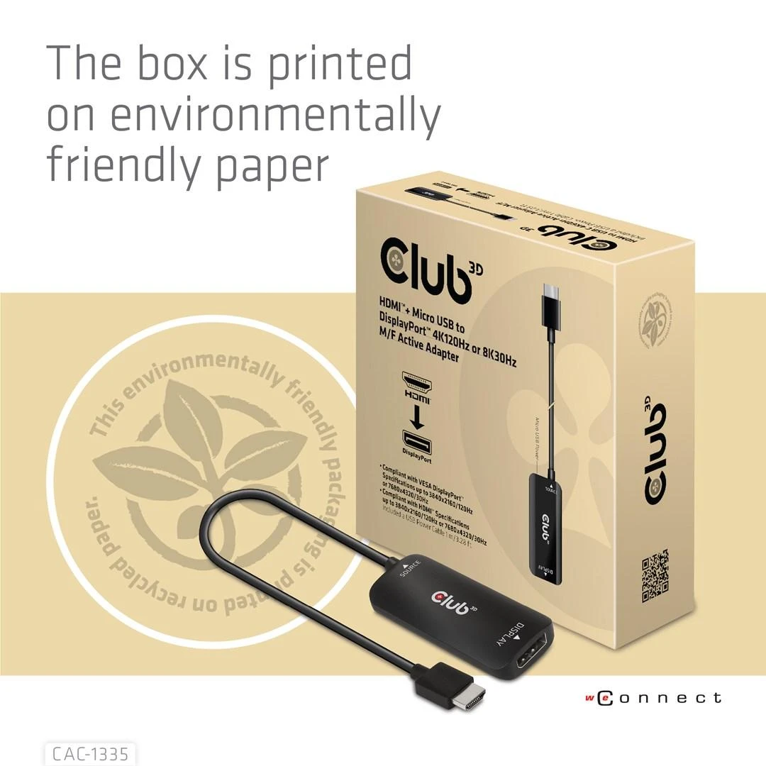 Club 3D HDMI + Micro USB į DisplayPort 4K120Hz/8K30Hz aktyvus adapteris