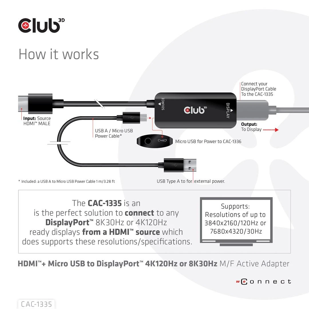 Club 3D HDMI + Micro USB į DisplayPort 4K120Hz/8K30Hz aktyvus adapteris