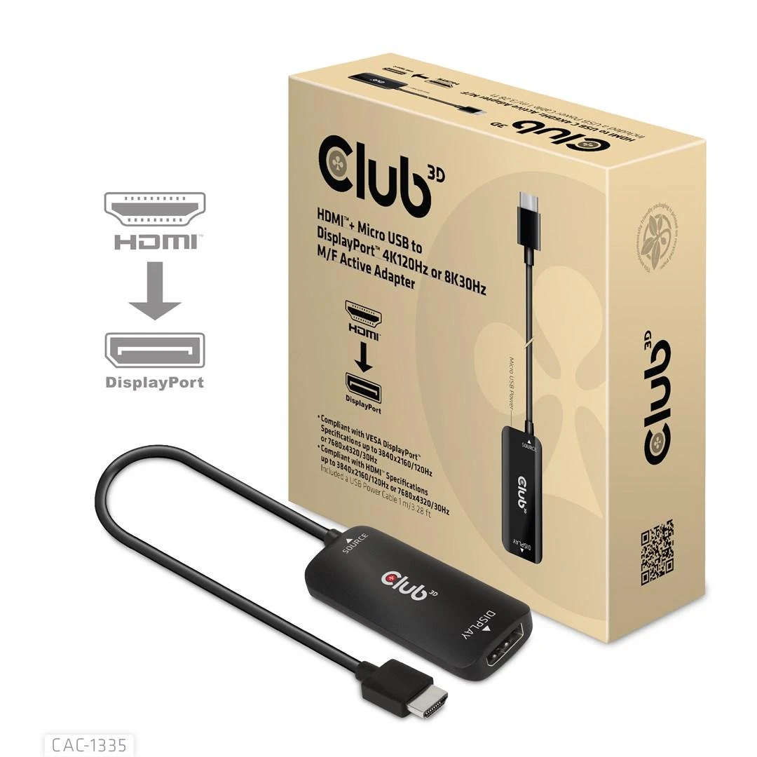 Club 3D HDMI + Micro USB į DisplayPort 4K120Hz/8K30Hz aktyvus adapteris