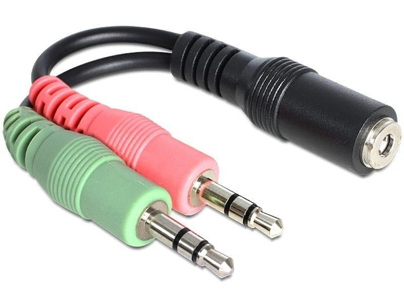 Audio adapteris su žalios ir rausvos spalvos kištukais