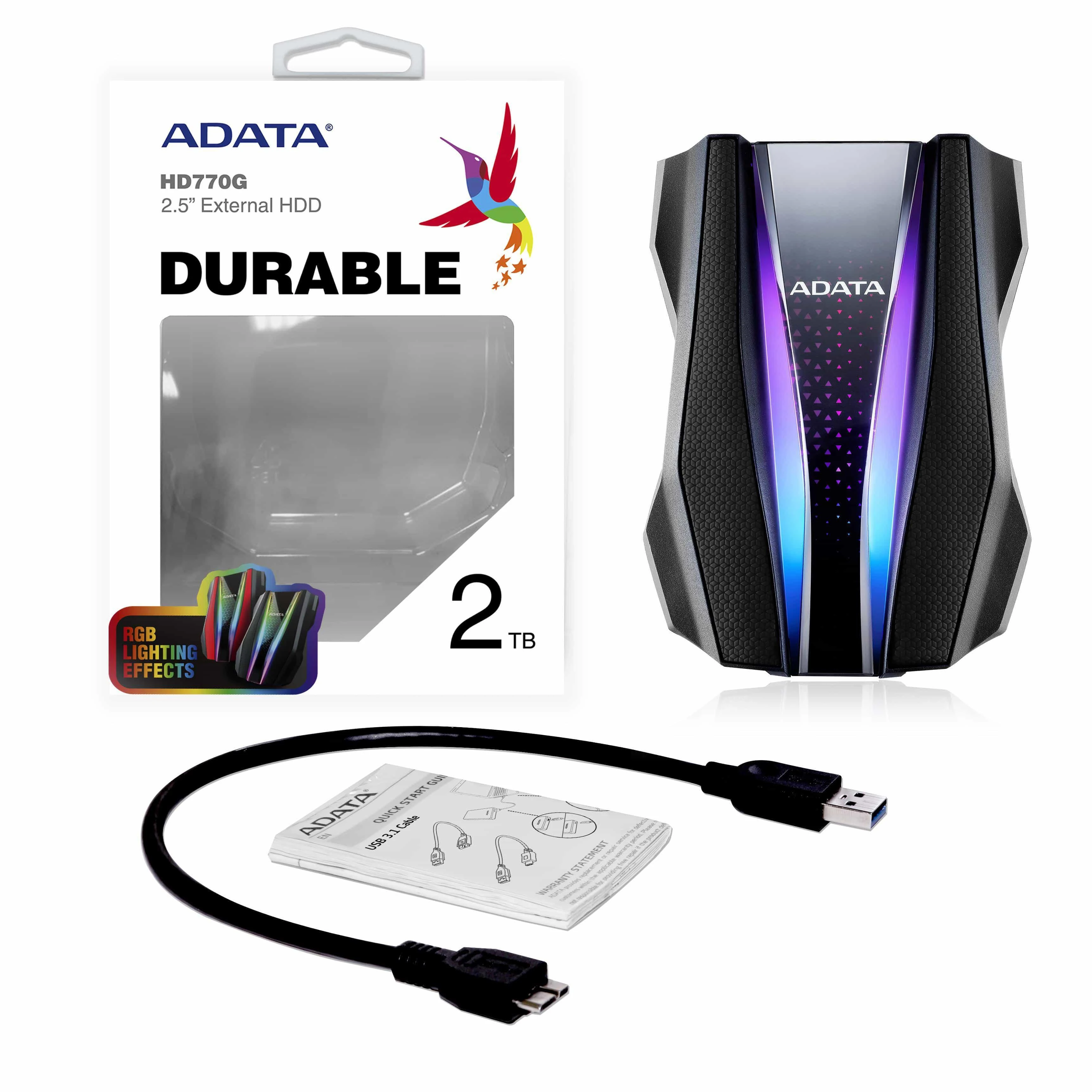 ADATA Išorinis kietasis diskas | HD770G | 2000 GB | USB 3.2 Gen1 (atgalinis suderinamas su USB 2.0) | Juodas | Suderinamumas su konkrečiais pagrindiniais įrenginiais gali skirtis ir gali būti paveiktas sistemos aplinkos. Norint prijungti per USB 2.0, reikia prijungti du USB jungtys, kad būtų pakankamai energijos. Reikės USB Y kabelio.