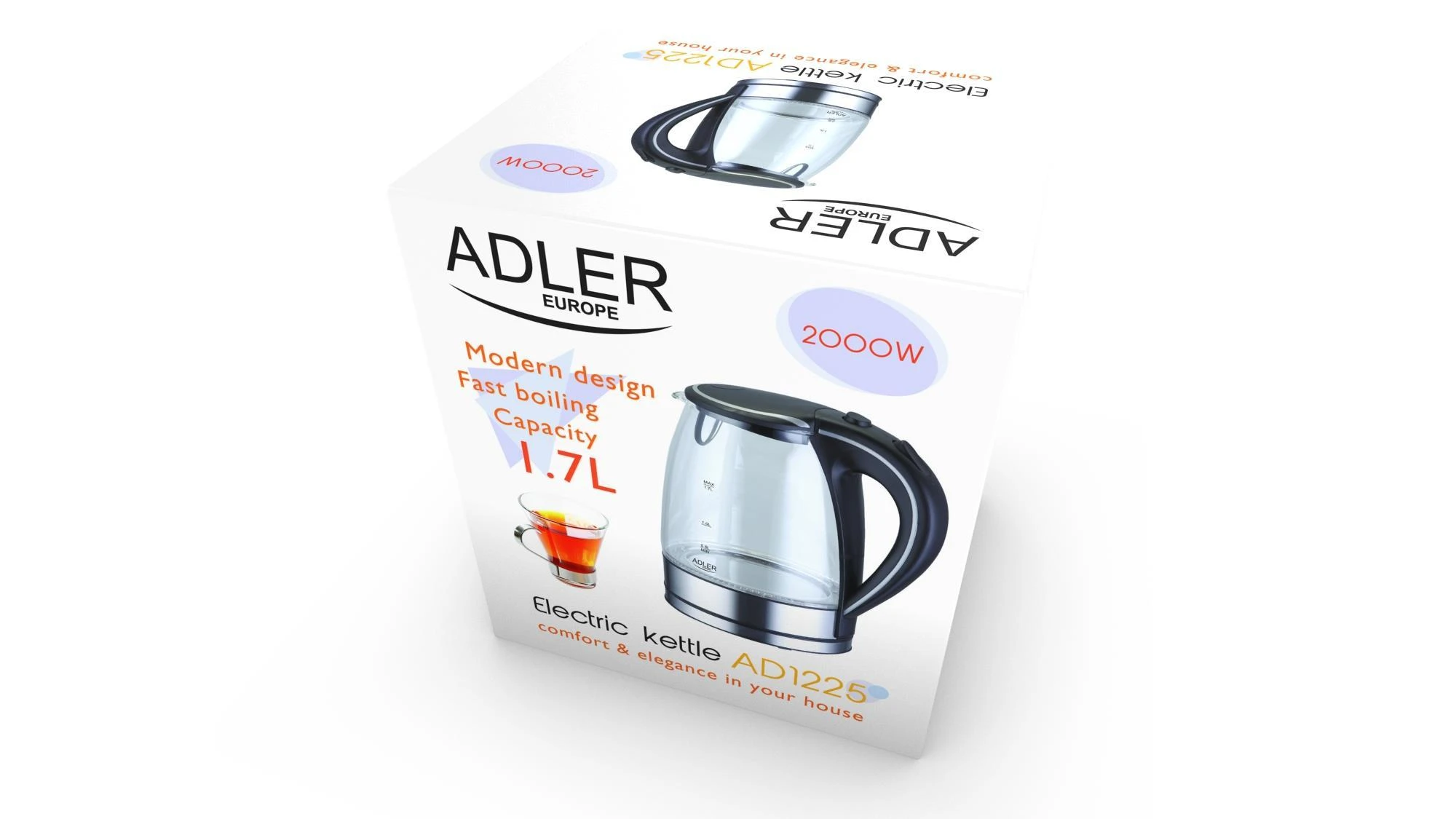 Adler | Virdulys | AD 1225 | Standard | 2000 W | 1.7 L | Glass | 360° rotational base | Nerūdijantis plienas/Transparent