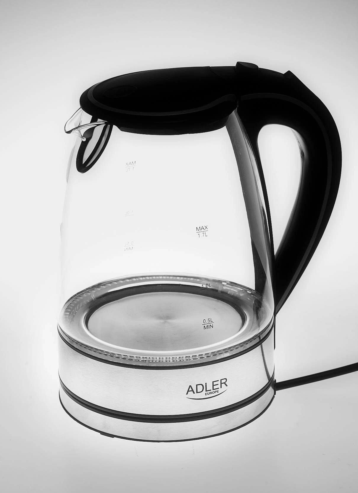 Adler | Virdulys | AD 1225 | Standard | 2000 W | 1.7 L | Glass | 360° rotational base | Nerūdijantis plienas/Transparent