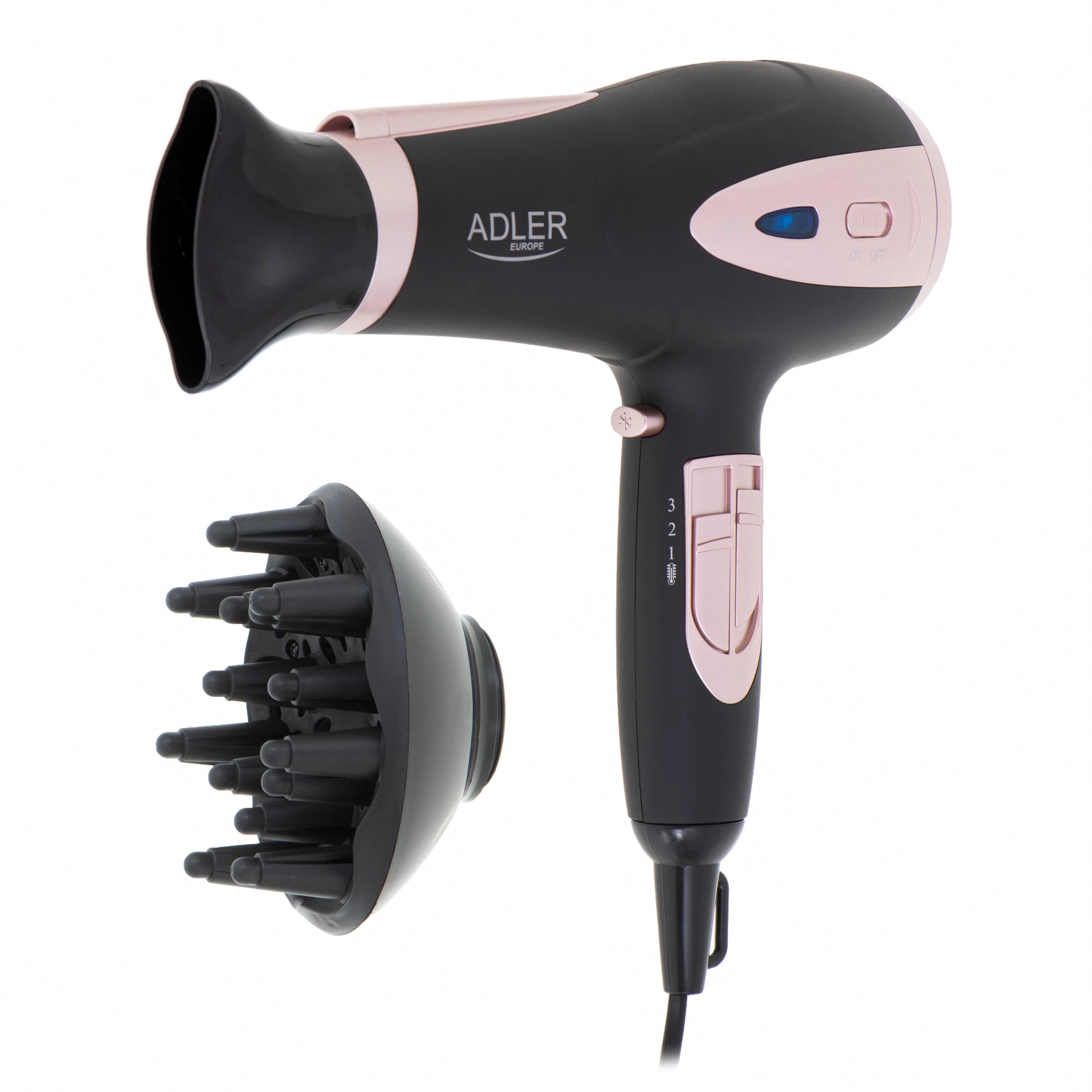 Adler AD 2248b ION plaukų džiovintuvas - 2200W + difuzorius, juodos/rožinės spalvos