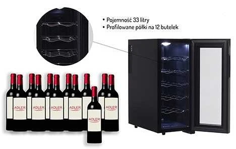 Adler | Gėrimų sandėliukas | AD 8083 | Energijos vartojimo efektyvumo klasė G | Laisvai stovintis | Butelių talpa 12 | Juodas