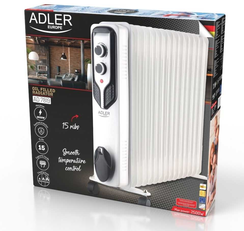 Adler | Alyva užpildytas radiatorius | AD 7819 | Alyva užpildytas radiatorius | 2500 W | Galios lygių skaičius 3 | Baltas