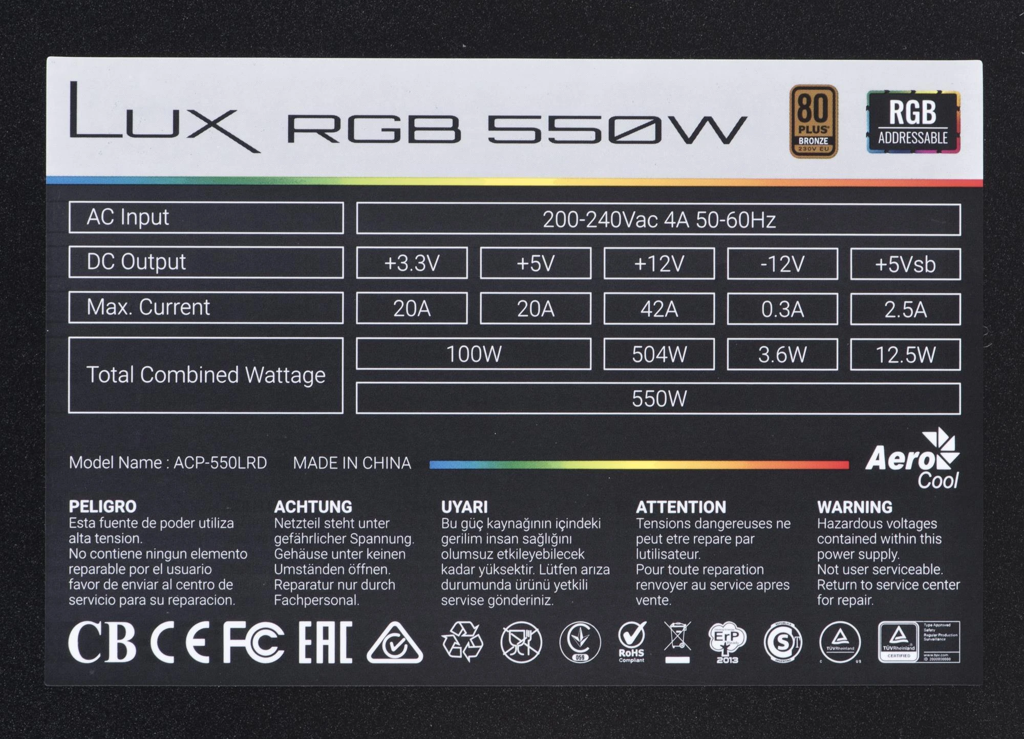 Maitinimo šaltinis Aerocool LUX AEROPGSLUXRGB-550 (550 W, 120 mm)