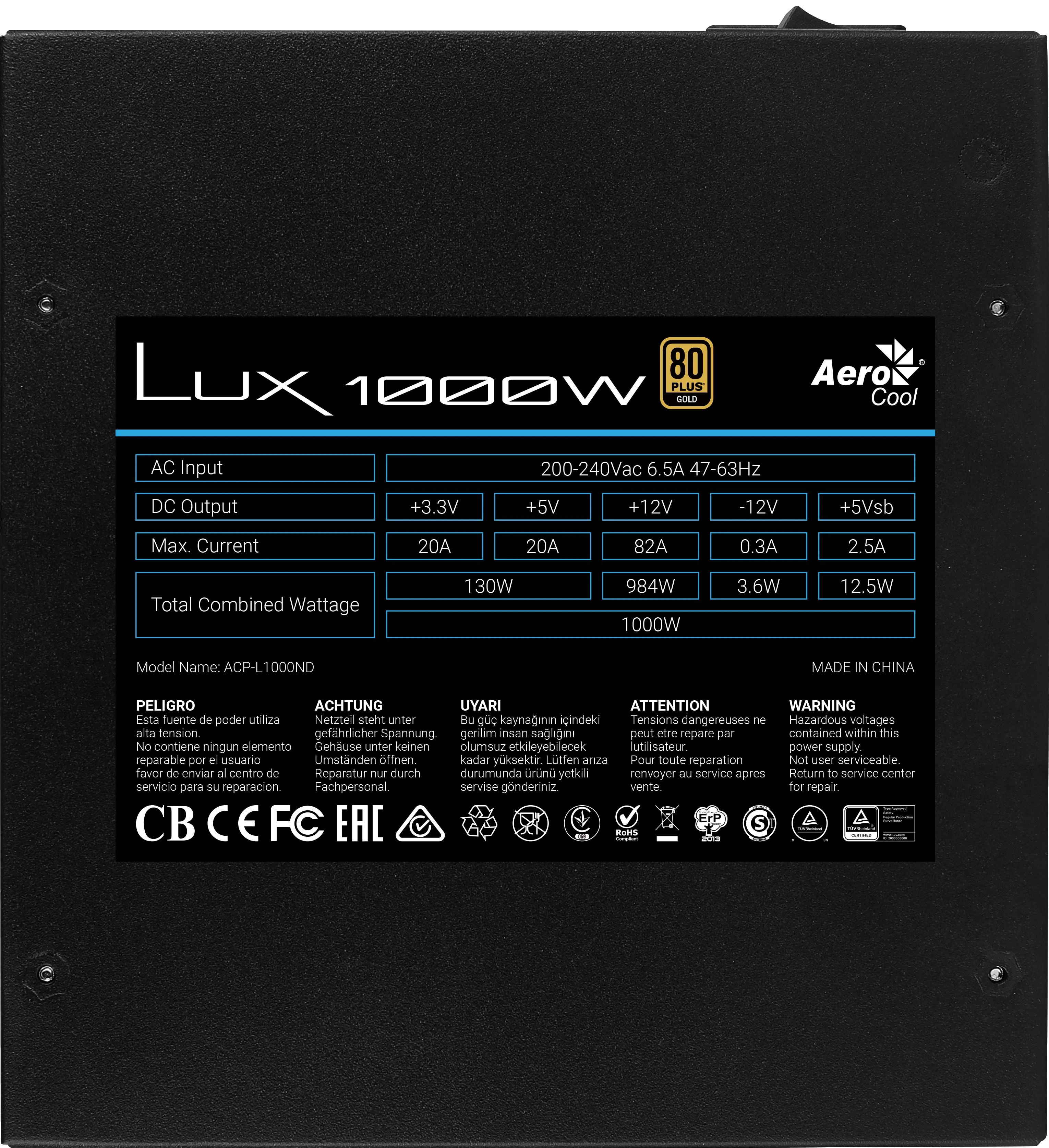 Maitinimo Blokas - Aerocool Lux 1000 W 20+4 Pin ATX Juodas, Mėlynas