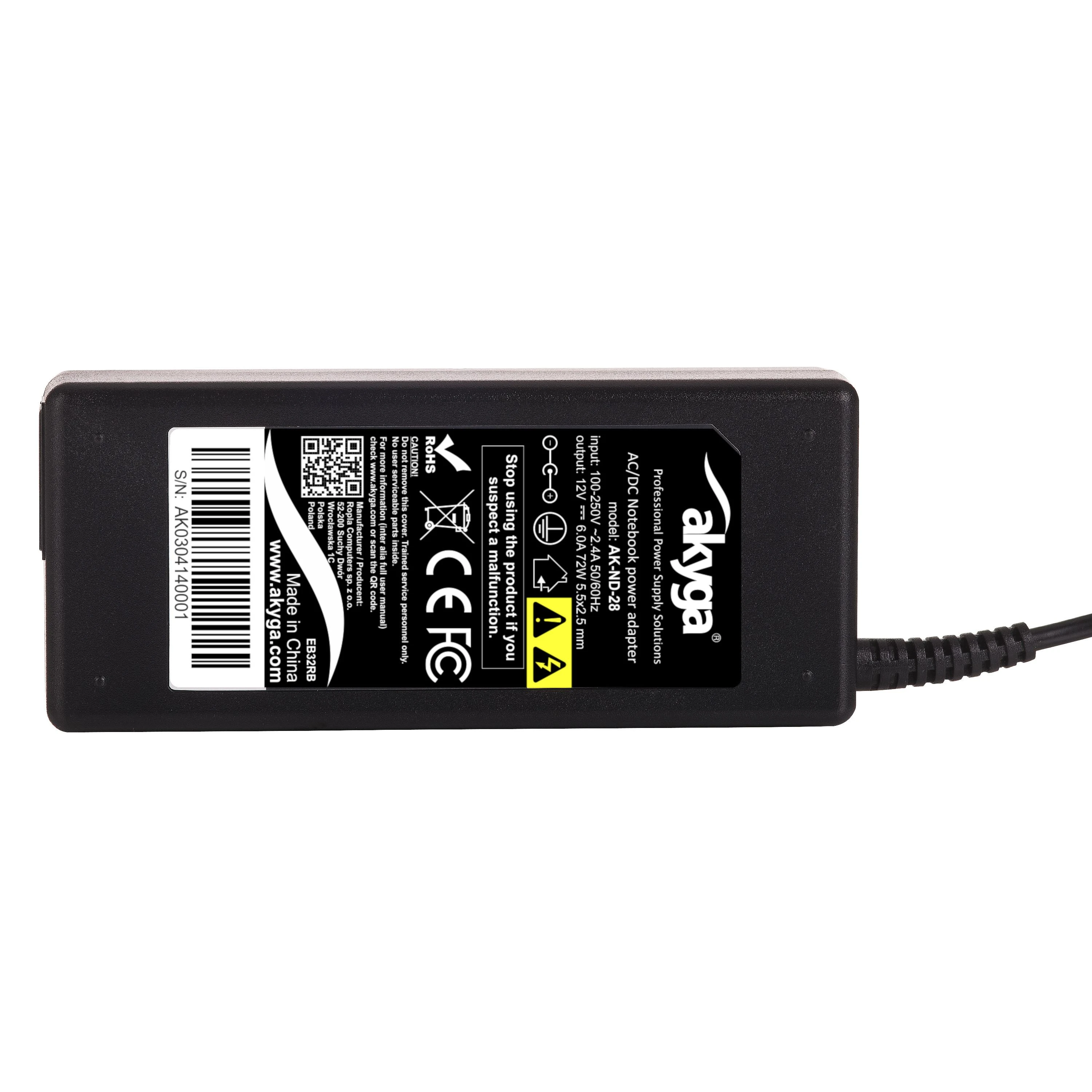 Akyga nešiojamojo kompiuterio maitinimo adapteris 72 W, 2,5 mm, 6 A, 12 V (AK-ND-28)