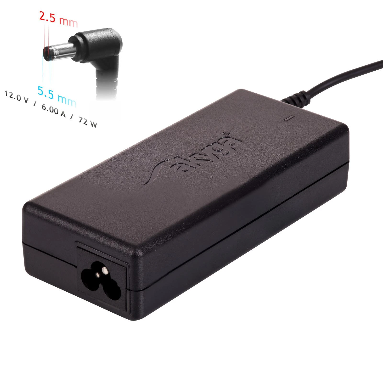 Akyga nešiojamojo kompiuterio maitinimo adapteris 72 W, 2,5 mm, 6 A, 12 V (AK-ND-28)