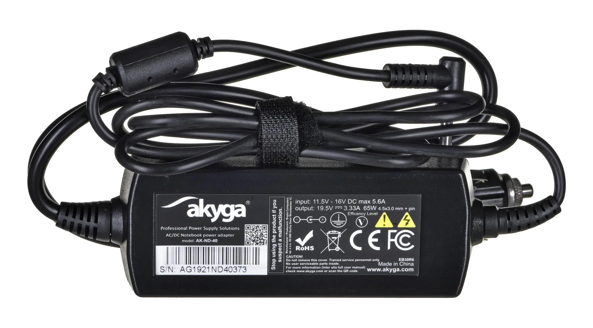 Automobilinis nešiojamojo kompiuterio pakrovėjas Akyga AK-ND-40 (19.5V / 3.33A 65W 4.5 x 3.0mm + pin) HP 1.2m