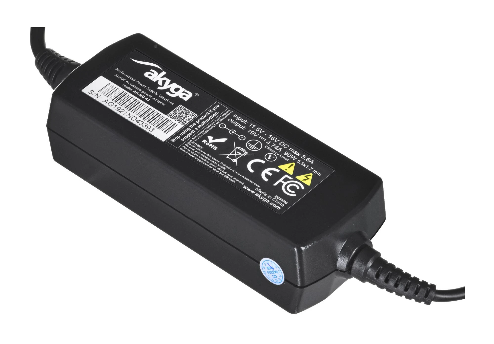 Automobilinis nešiojamojo kompiuterio pakrovėjas Akyga AK-ND-43 (19V / 4.74A 90W 5.5 x 1.7mm) ACER 1.2m