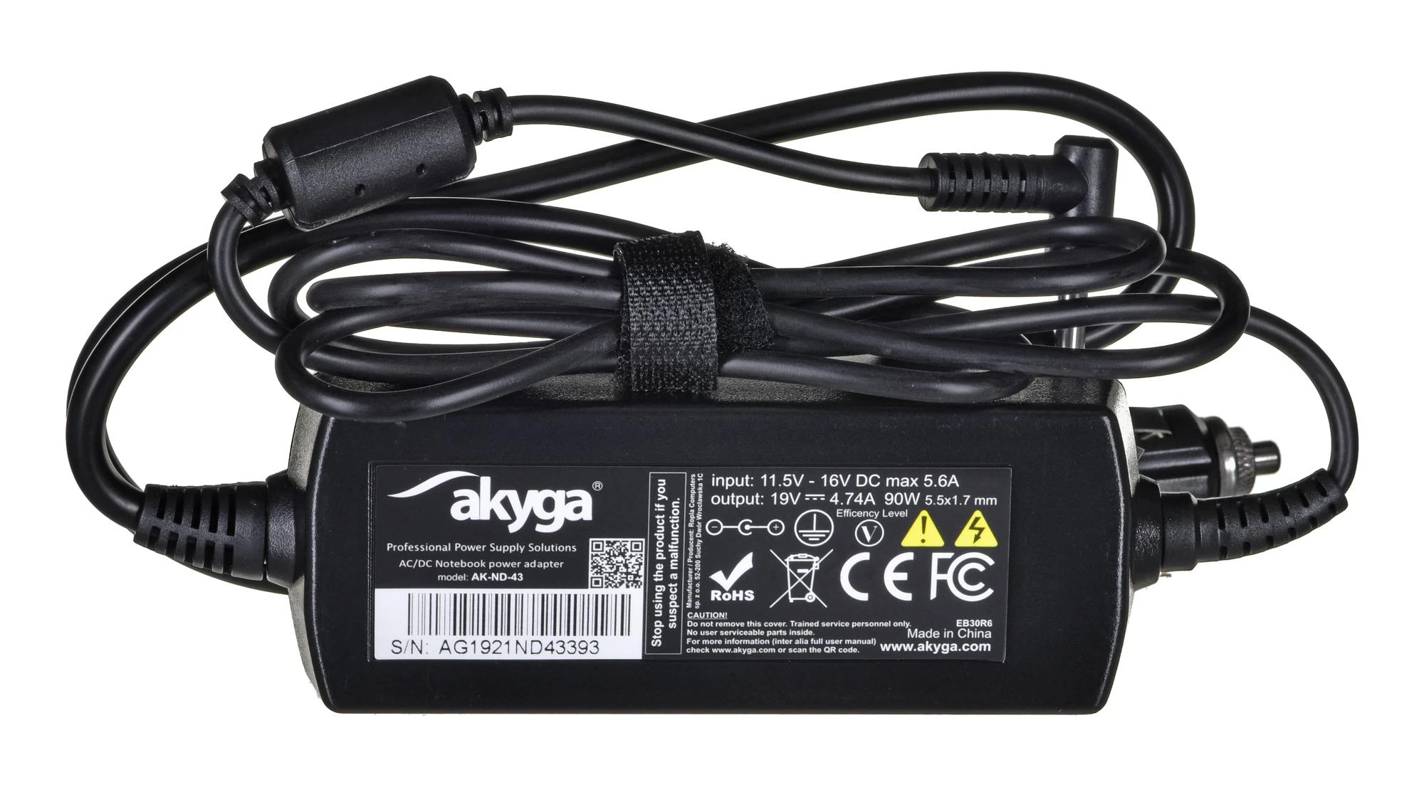 Automobilinis nešiojamojo kompiuterio pakrovėjas Akyga AK-ND-43 (19V / 4.74A 90W 5.5 x 1.7mm) ACER 1.2m