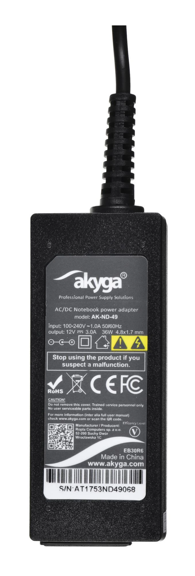 Nešiojamojo kompiuterio pakrovėjas Akyga AK-ND-49 (12V / 3.0A 36W 4.8 x 1.7mm) ASUS 1.2m