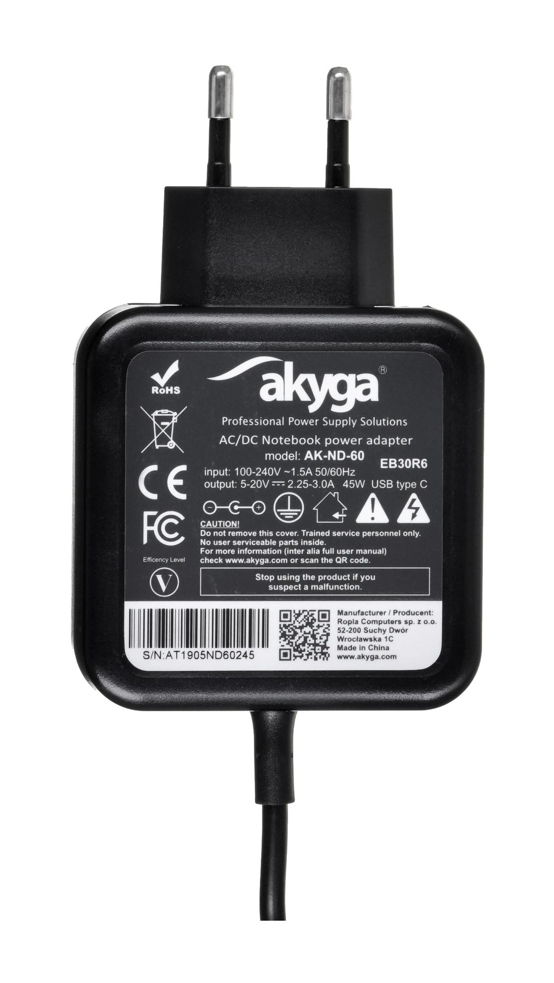 Nešiojamojo kompiuterio pakrovėjas Akyga AK-ND-60 (5-20V / 2.25-3A 45W) USB type C 1.2m Power Delivery