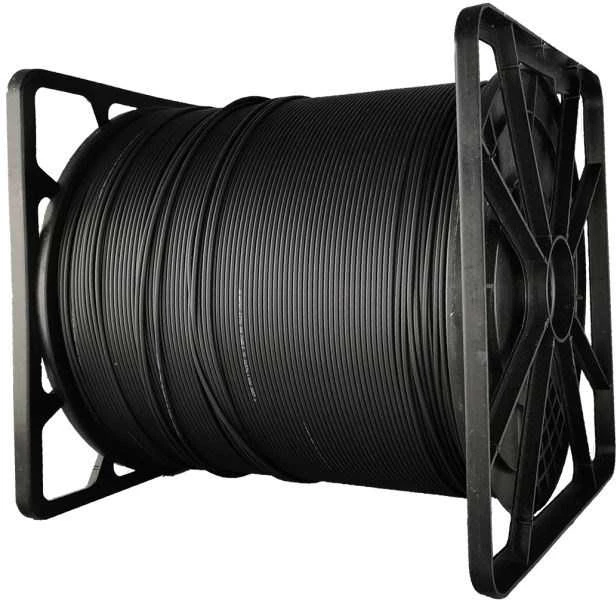 FO OS2 FTTH plokščias šviesolaidinis kabelis SM 2J 9/125 LSOH juoda, sustiprintas dviem plieniniais strypais 1000m - ALANTEC