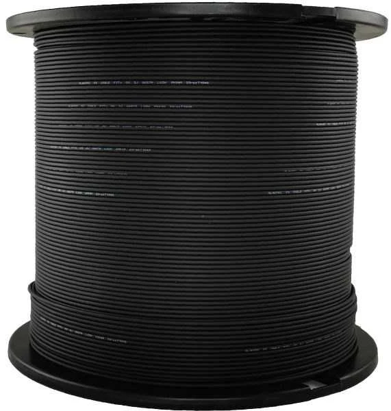 FO OS2 FTTH plokščias šviesolaidinis kabelis SM 2J 9/125 LSOH juoda, sustiprintas dviem plieniniais strypais 1000m - ALANTEC